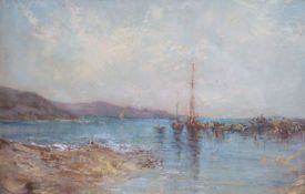 English School, oil on board, Beach scene with fishing boats, 29 x 44cm.