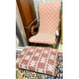 A small rectangular Kelim foot stool, 63 x 43cm together with a Victorian style rocking chair