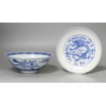 A Chinese blue and white landscape bowl, a/f and a Chinese blue and white ‘dragon’ dish, 18 and 16.