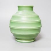 Keith Murray for Wedgwood, a green glazed banded globular vase, 15.5 cm high