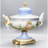 A large 20th century Sevres style porcelain and brass mounted pedestal vase and cover, 49 cm wide