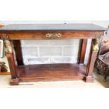 An Empire style marble top console table, width 132cm, depth 45cm, height 84cm