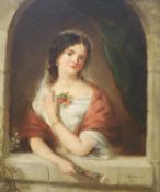 Edwin Frederick Holt (1830-1912), oil on board, Young lady in an archway, signed and dated 1855, 33