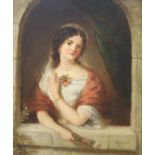 Edwin Frederick Holt (1830-1912), oil on board, Young lady in an archway, signed and dated 1855, 33