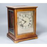 A chiming 4 glass mahogany mantel clock, retailed by Birch and Gaydon with silvered dial, 26.5 cm