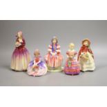 Five Royal Doulton figurines: Dorcas RN769308, Forget-me-not RN816194, Granny's shawl HN1647
