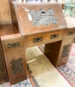 A 20th century Chinese carved hardwood bureau fitted with three drawers, width 107cm, depth 45cm,