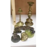 An Art Deco bronze 'pelican' and green onyx pin tray and various bronze and brass plaques,