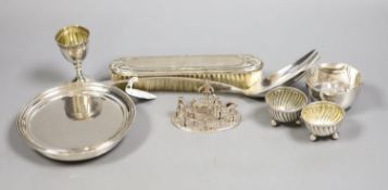 A small group of silver and white metal items including a William IV mounted coaster, London, 1830,