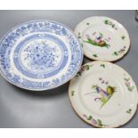 An ironstone cheese stand and a pair of French faience plates30cm