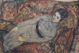 After Ruskin Spear (1911-1990)Woman reclining on a setteePastel and pencil37 x 54cm.