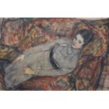 After Ruskin Spear (1911-1990)Woman reclining on a setteePastel and pencil37 x 54cm.