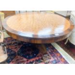 A George IV and later mahogany and satinwood circular tilt top breakfast table, diameter 138cm,