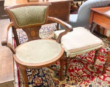 An Edwardian marquetry inlaid mahogany elbow chair and a Victorian dressing stool