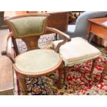 An Edwardian marquetry inlaid mahogany elbow chair and a Victorian dressing stool