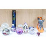 A group of 20th century glass paperweights and studio glass vases, Tallest 24 cm high