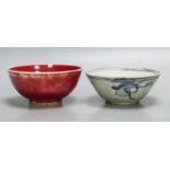 A Chinese sang de boeuf bowl and a blue and white bowl, 12.7cm