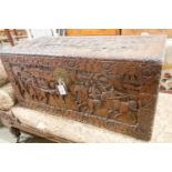 A Cantonese carved hardwood chest, length 104cm, depth 46cm, height 49cm