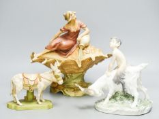 A Royal Dux figural dish, 26cm high and a figure of a donkey and a Royal Copenhagen group of a faun