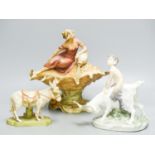 A Royal Dux figural dish, 26cm high and a figure of a donkey and a Royal Copenhagen group of a faun