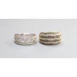 Two modern 9ct gold and diamond chip set cluster dress rings including one two colour diamond ring,