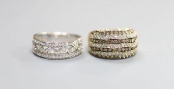 Two modern 9ct gold and diamond chip set cluster dress rings including one two colour diamond ring,