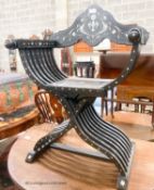 A late 19th century Italian bone inlay Savaranola chair, width 72cm, depth 34cm, height 97cm