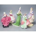 Four Royal Doulton figurines: Phyllis HN1420, Suzette HN1487, Delight HN1772, Lady April HN1965 and