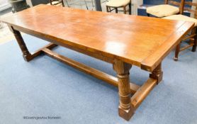 An 18th century style rectangular oak refectory dining table, length 274cm, depth 85cm, height 78cm
