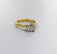 A modern 18ct gild and solitaire diamond ring, size M, gross weight 4.3 grams,the central stone