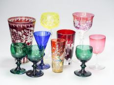 A collection of mixed 19th/20th century coloured drinking glasses, tallest 20cm