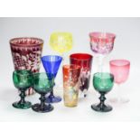 A collection of mixed 19th/20th century coloured drinking glasses, tallest 20cm