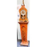 A reproduction Louis XVI style inlaid kingwood bracket clock with matching pedestal, height 190cm