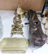 An Indian wooden instrument, two brass boxes, a kum kum box and a bell