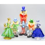 Three Murano glass figures of clowns and two similar figures of ladies, tallest 34 cm