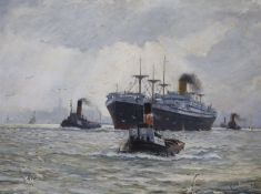 C.H.Barrett, oil on board, Shipping on the Thames, signed, 44 x 60cm.