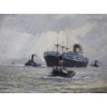 C.H.Barrett, oil on board, Shipping on the Thames, signed, 44 x 60cm.