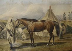 O.J.Jones (19th C.), watercolour, Arab horse in an English army camp, Chinese figures on the