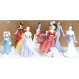Seven Royal Doulton figurines: Carrie HN2800, Jacqueline HN2000, For You HN3754, Diana Princess of