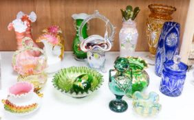 A group of Victorian style fancy glass vases and jugs and other coloured cut glass etc., tallest 29