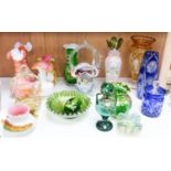 A group of Victorian style fancy glass vases and jugs and other coloured cut glass etc., tallest 29