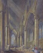 19th century English School, watercolour, The builder of a church with his family and architect,