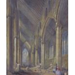 19th century English School, watercolour, The builder of a church with his family and architect,