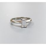 A modern platinum and solitaire rectangular cut diamond ring, size L, gross 4.5 grams,the stone