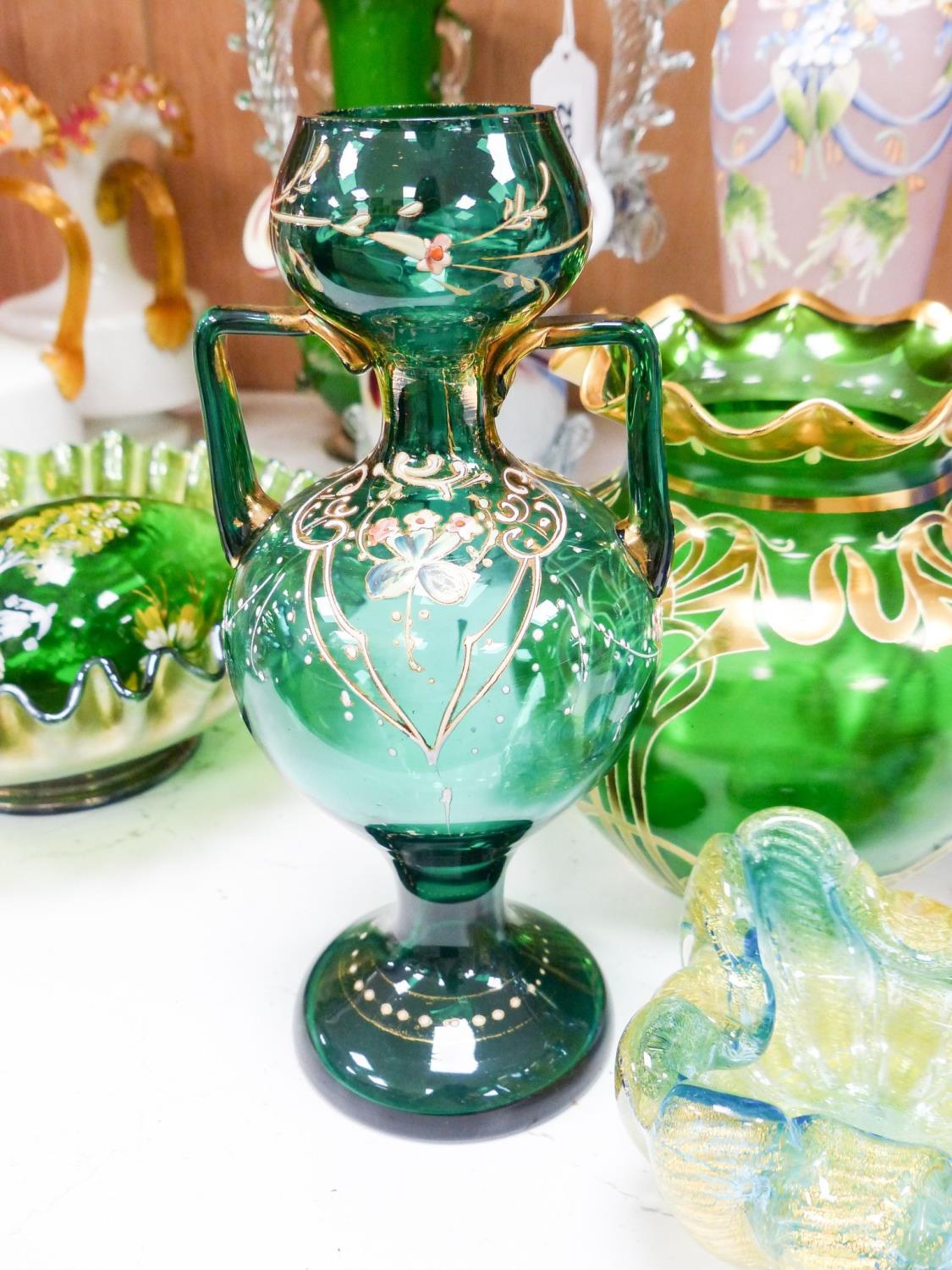 A group of Victorian style fancy glass vases and jugs and other coloured cut glass etc., tallest 29 - Image 4 of 8