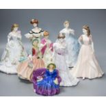 Seven Worcester, Coalport and Doulton ceramic lady figuresand an Arcadian China figure Miss