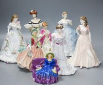 Seven Worcester, Coalport and Doulton ceramic lady figuresand an Arcadian China figure Miss