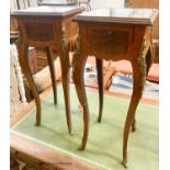 A pair of French style mahogany and walnut jardiniere stands, width 32cm, depth 32cm, height 76cm