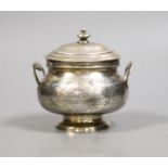 A late 19th century Russian 84 zolotnik engraved two handled pot and cover, assay master B.C, dated