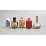 A group of five small Chinese porcelain and Japanese pottery vases, tallest 9.5 cm
